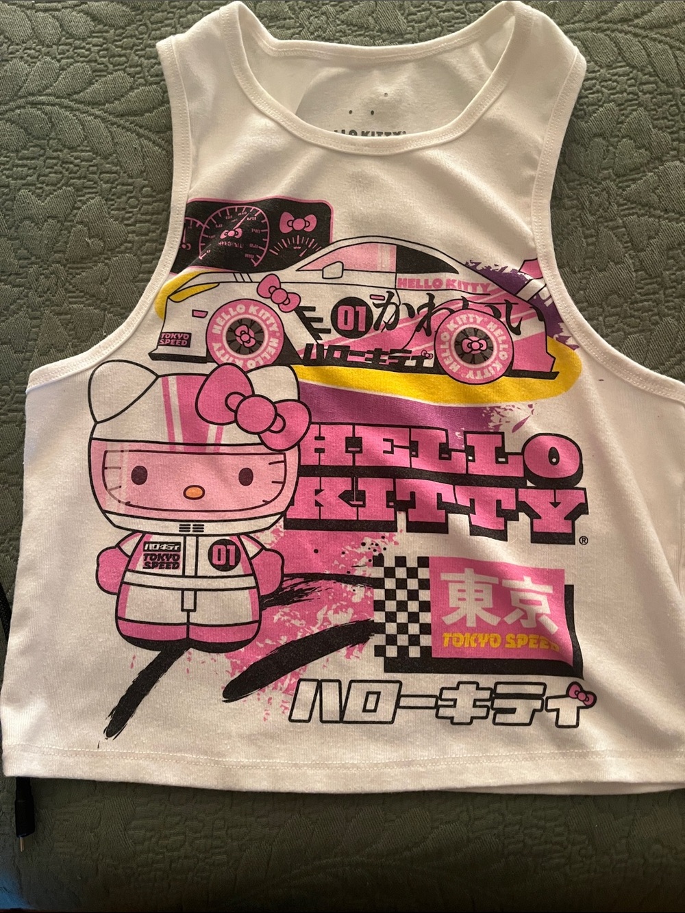 Hello Kitty White Tank Top with Pink, Yellow & Black Racing Graphics